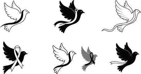 Six stylized dove illustrations with ribbons and awareness ribbons in black white and grey
