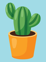 Cartoon Style Green Saguaro-like Cactus in Orange Pot on Blue Background