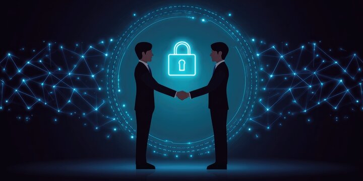 Cybersecurity partnership two professionals shaking hands digital environment business agreement technology concept futuristic viewpoint