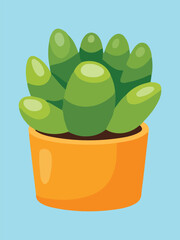Round-Leaf Green Succulent Plant in Orange Pot on Light Blue Background Illustration