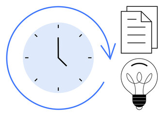 Clock with arrow circling backward, stack of documents, and lightbulb representing time management, ideas, and productivity. Ideal for planning, organization, brainstorming, efficiency deadlines