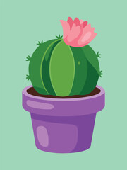 Round Green Barrel Cactus with Pink Flower in Purple Pot Illustration