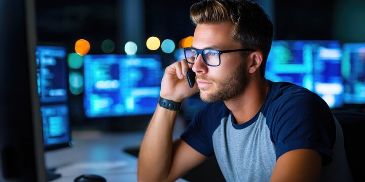 Tech support call center representative assisting clients urban office space digital communication nighttime close-up view customer service efficiency - Powered by Adobe