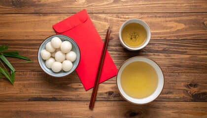 Dongzhi Festival Feast: White Tangyuan, Tea, Mandarins, and Angpao on Rustic Wooden Table. Minimal Setup.