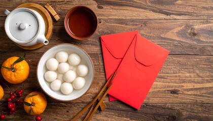Minimalist Flat Lay: Tangyuan Bowl, Teapot, and Red Envelopes for the Traditional Chinese Dongzhi Festival.