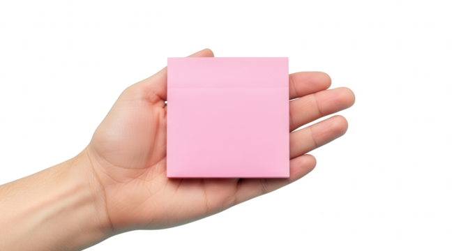 Human hand holding a blank stack of pink square sticky notes, isolated for text
