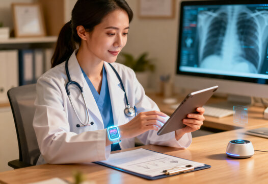 Female doctor in white coat uses futuristic smart watch and tablet at desk with chest X-ray on monitor, focusing on digital healthcare and medical technology