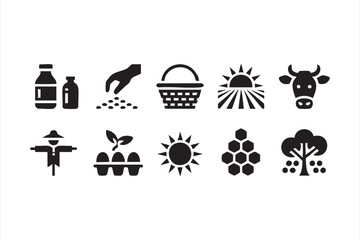 Rural farming vector bundle featuring harvest baskets, livestock, and crops