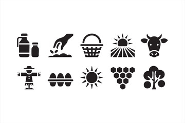 Agrarian icon collection with planting, eggs, sun, and natural produce symbols