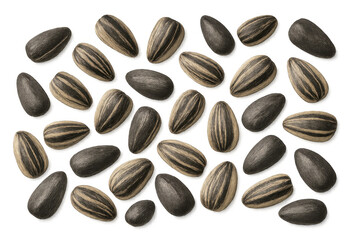 Obraz premium Sunflower seeds, striped and black, scattered across a transparent background, healthy snack food