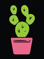 Simple Neon Green Paddle Cactus in Pink Pot on Black Background Illustration