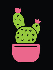 Flowering Green Cactus with Pink Blooms in Round Pot on Black Background Illustration