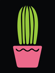 Tall Cylindrical Green Cactus in Pink Pot on Black Background Minimalist Illustration