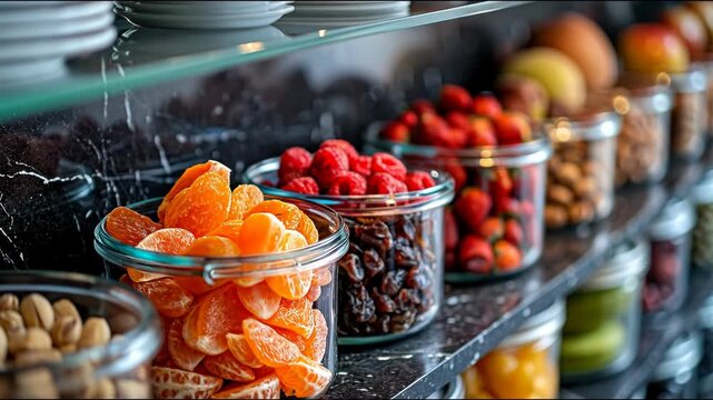 Assortment of colorful dried fruits and nuts displayed in glass jars on a buffet shelf.