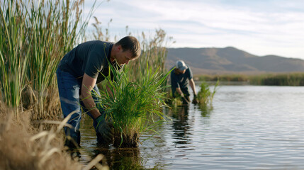 Team Engaged in Wetland Restoration Efforts with New Vegetation in a Scenic Landscape of Lush Reeds and Still Waters