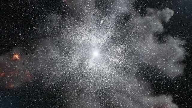 Massive swarm of tiny glowing white particles rushing and exploding outward in a centralized turbulent cloud of high energy dust and movement background, effect, rushing