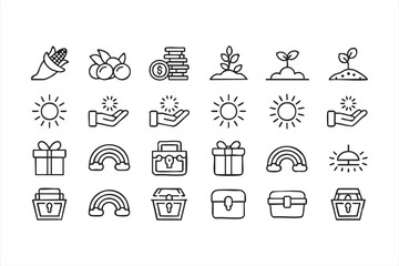 Harvest and growth line icon set featuring sun, plants, gifts, and treasure symbols