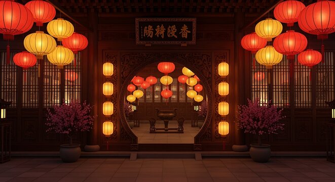 Chinese Architecture with Lanterns and Blossoms - Powered by Adobe
