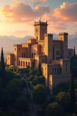 Fototapeta premium Historic castle bathed in golden sunset light on a hilltop