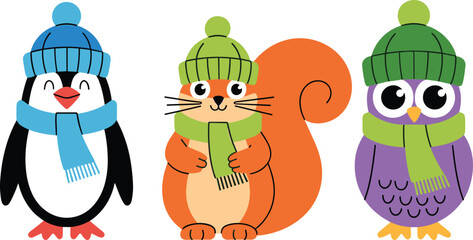 Cartoon penguin, squirrel, owl in winter clothes, knitted hat, scarf, festive animal illustration, cute winter characters, seasonal vector design