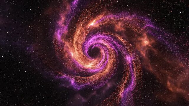 Massive swirling vortex of glowing orange and purple digital particles creating an energetic deep space cloud nebula in a dynamic abstract seamless loop particles, computer, motion