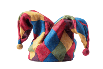 Colorful patchwork jester hat with bells on black background fool clown, Isolated On Black Background, Png Transparent Background, Cut Out