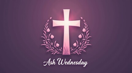 Ash wednesday cross with floral wreath and glowing light