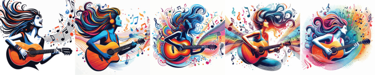 vector image of a woman playing guitar with a white background