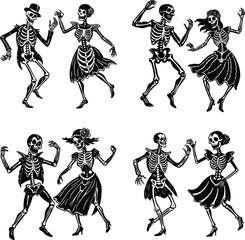 Dancing skeleton silhouette set in vintage Halloween style, spooky festive bone characters dancing collection