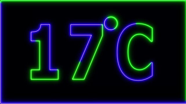 Neon 17&deg;C temperature display showing on black background. Weather temperature displays by degree, climate change, Scientific designs.