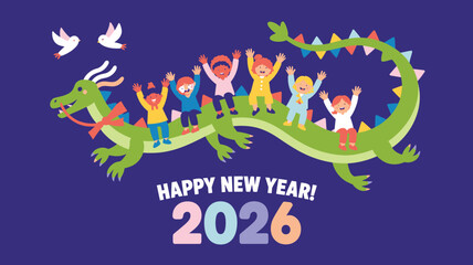 Fototapeta premium Happy New Year 2026 Children Riding a Green Dragon with Festive Bunting and Flying Birds