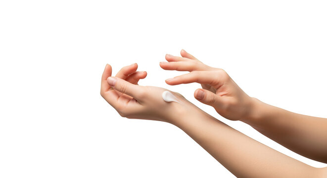 Close-up of female hands applying white moisturizing cream to delicate skin for care - Powered by Adobe