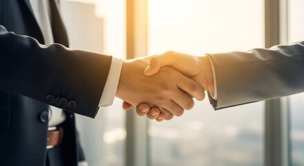 Business handshake agreement with corporate office cityscape background and bright sunlight