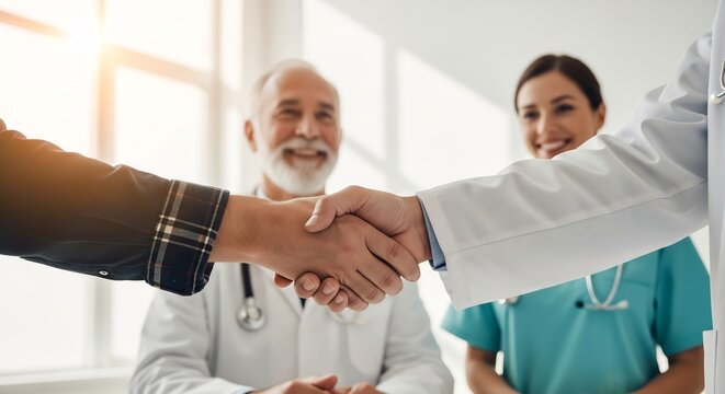 Close up of doctor and patient shaking hands after successful consultation with medical team smiling in background. - Powered by Adobe