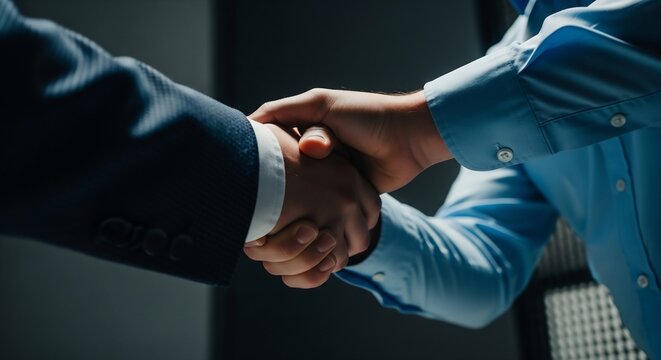 Close-up of two businessmen shaking hands finalizing a corporate deal or agreement.