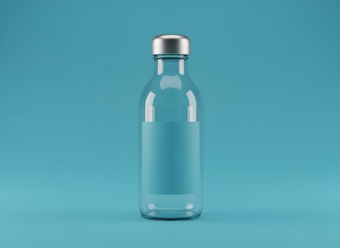 Clear glass bottle with a silver cap, centered on a blue background, featuring a blank label area. - Powered by Adobe