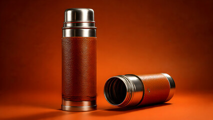 Elegant vintage thermos flask with rich leather texture and polished metal accents, perfect for outdoor adventures and sophisticated travel