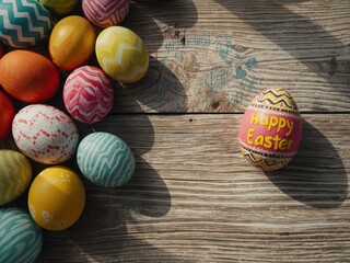 Colorful easter eggs arranged on a rustic wooden surface with one egg saying happy easter