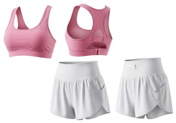 Pink sports bra and white athletic shorts isolated on transparent background