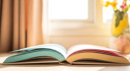 Close up of an open book with blue and yellow pages on a table near a window and curtains