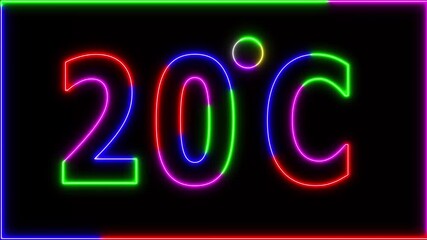 Neon 20°C temperature display showing on black background. Weather temperature displays by degree, climate change, Scientific designs.