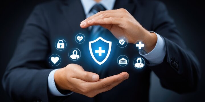 Protecting health data secure digital solutions healthcare sector infographic corporate environment close-up view privacy concept