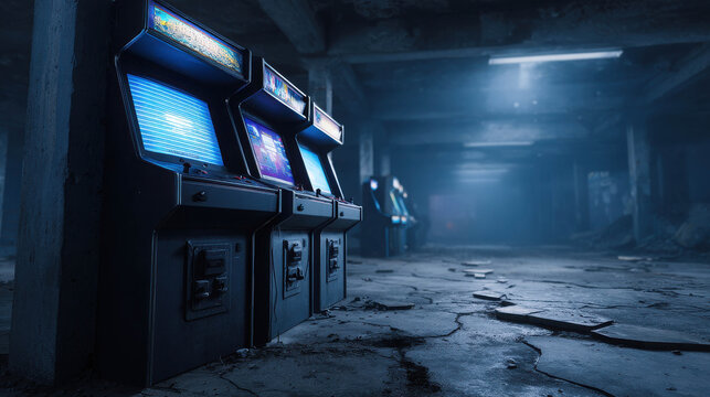 Abandoned arcade game machines illuminated in a dark space, showcasing retro design amidst a cracked concrete floor with a mysterious ambiance