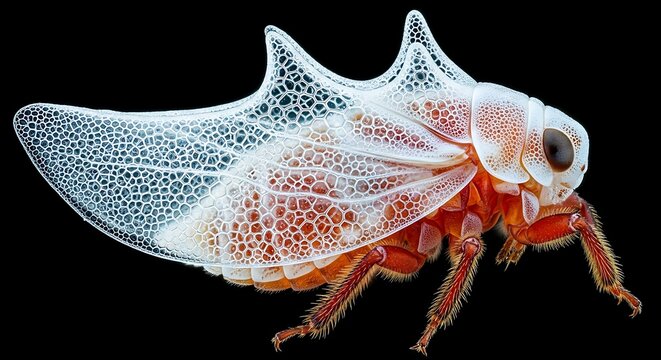 Close up view of a thorn bug with translucent wings and orange body against black background