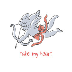 Flying Cupid holding bow and aiming or shooting arrow hand drawn with contour lines on white background. God of love, Amor vector illustration. Whimsical romantic Valentine's Day print 