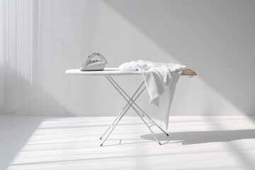 Minimal ironing setup with white shirt draped over ironing board and iron placed on top, clean bright studio look