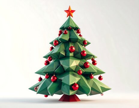 Stylized geometric Christmas tree adorned with red ornaments and star