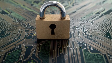 Conceptual representation of cybersecurity and data encryption with a physical lock on electronic hardware