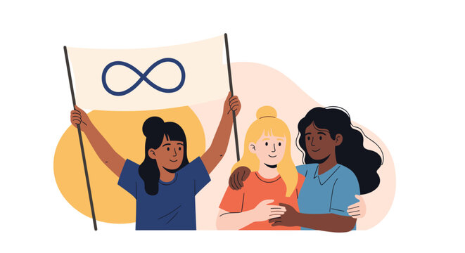 Diverse women celebrating neurodiversity and autism awareness, with one holding a flag featuring the infinity symbol.