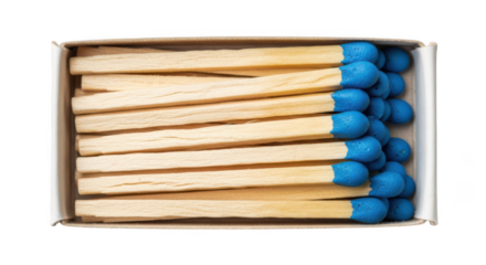 Close-up overhead view of an open matchbox with new blue-tipped wooden matches